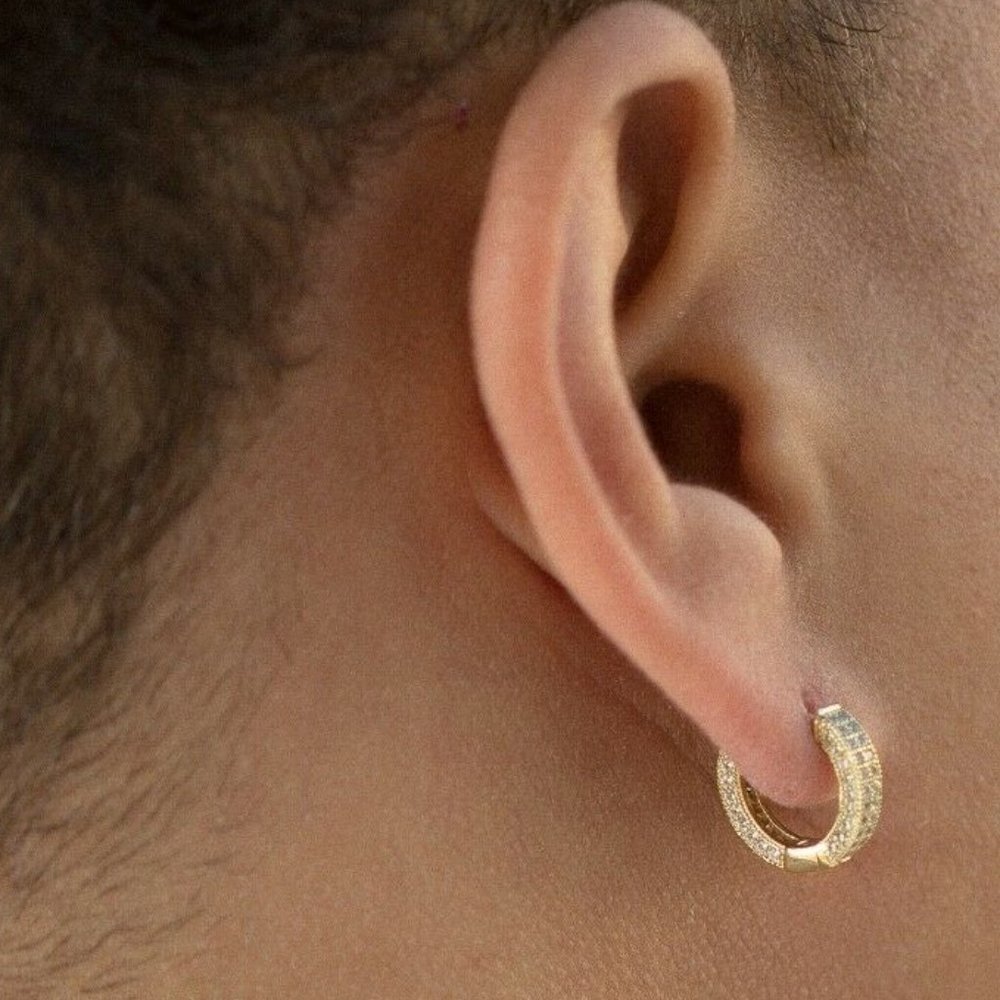 Mens Fully Ice Out 14K Gold Hoop Earrings - Picture 6 of 16